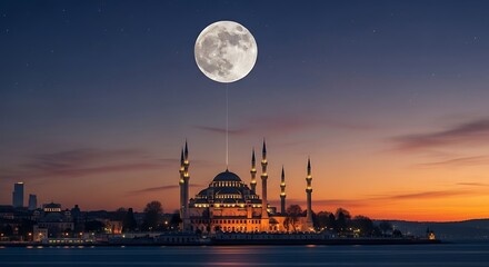 Mosque Silhouette at Sunset with Full Moon.