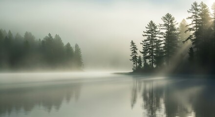Fototapeta premium Misty Forest Lake with Trees Reflection.