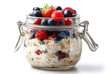 Fruit and yogurt parfait layered in a glass jar with berries and oats served on a white background