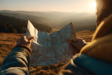 Holding a map while exploring a forest area during golden hour near a mountain