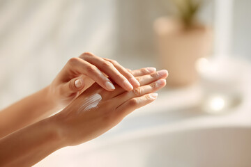 Person applying lotion on hands in bright room by window during daytime