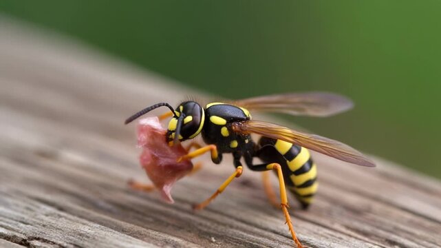 Close-up of a yellowjacket wasp carrying a piece of meat on a wooden surface outdoors.