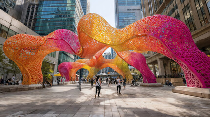 Fototapeta premium Vibrant orange and pink contemporary art installation with flowing sculptural forms creating dynamic public space in modern urban plaza surrounded by skyscrapers
