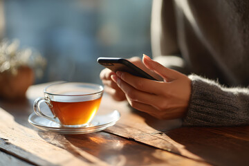 Person holds a smartphone and drinks tea at a table during daylight hours