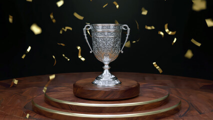 A tall silver cup with engraved patterns rests on a polished wooden podium. Spotlights shine on it as golden confetti drifts down during an award ceremony