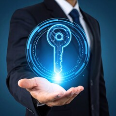 Businessman holding digital key hologram security and access technology concept.