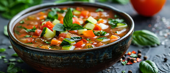 Fresh gazpacho soup in a bowl with basil garnish close up