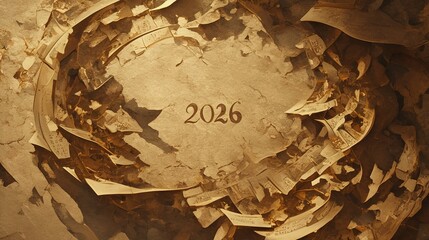 A close-up of the handmade paper sculpture "2026," made on recycled cardboard, shows visible paper fibers, natural imperfections, and warm, soft earth tones, complemented by gentle shadows.