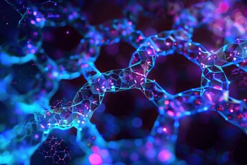 Complex network of interconnected nodes glowing with vibrant blue and purple lights, representing futuristic technology and data flow