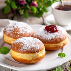Classic Powdered Sugar Donut Berliner-Krapfen with Red Jam or Jelly Filling