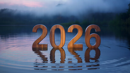 2026 new year wooden numbers standing in water, blue lake reflection, misty forest landscape background, calm nature evening, serenity concept, twilight sky, outdoor scenic wallpaper, peaceful ripples