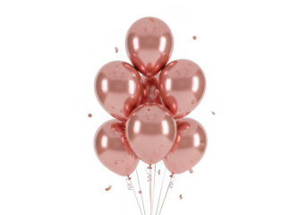 A beautiful bunch of seven shiny rose gold metallic balloons with confetti isolated on transparent background for party celebration