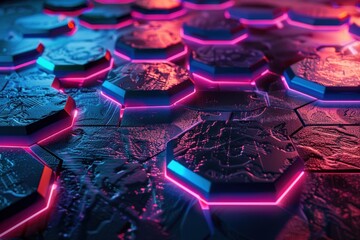 Glowing neon lights illuminating hexagonal surface, creating a vibrant and futuristic technological landscape