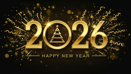 Happy New Year 2026 greeting card with golden 3D numbers Christmas tree icon confetti and sparkling glitter on black background