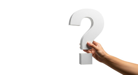 Hand holding a white question mark isolated on transparent background