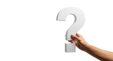 Hand holding a white question mark isolated on transparent background