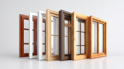 Different types of wooden and plastic window frames and doors are displayed against a white background, showcasing a variety of styles for home design ideas