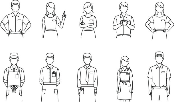 Service worker line icons, retail staff illustrations, uniform employee characters, customer service people, outline occupational figures, professional job role symbols