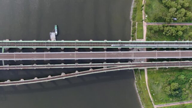Seoul's Han River Railway Bridge aerial shot, trains and trains pass by.