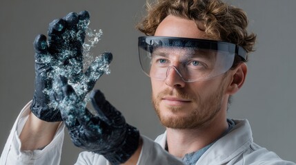 Virtual scientist uses digital gloves to manipulate virtual chemical substance in a futuristic laboratory setting