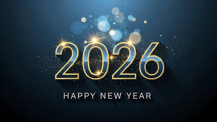 Happy New Year 2026 elegant holiday banner with glowing golden numbers and shimmering blue bokeh lights on a dark navy background with sparkles and glitter effects