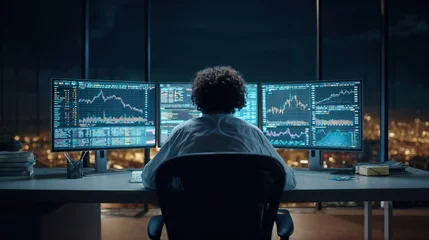 Professional trader analyzing multiple financial charts and stock market data on computer monitors in modern office during evening with city lights background © Ruslan Gilmanshin