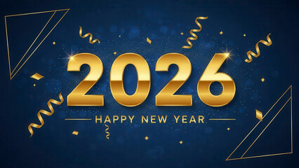 Happy New Year 2026 celebration background with bold 3D golden numbers and falling serpentine streamers on a deep blue festive backdrop with bokeh lights and sparkles