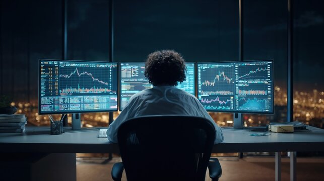 Professional trader analyzing multiple financial charts and stock market data on computer monitors in modern office during evening with city lights background