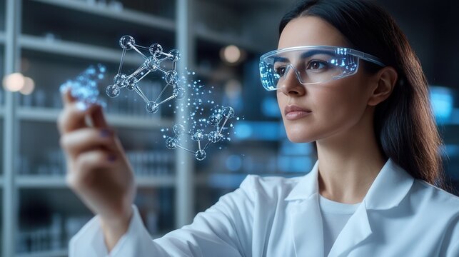 Researcher in lab wearing AR glasses studies floating molecular structures in innovative scientific exploration - Powered by Adobe