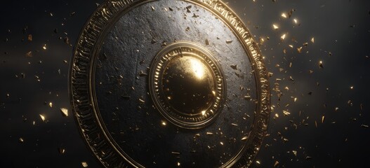 Ancient shield shattering, golden fragments flying against dark background