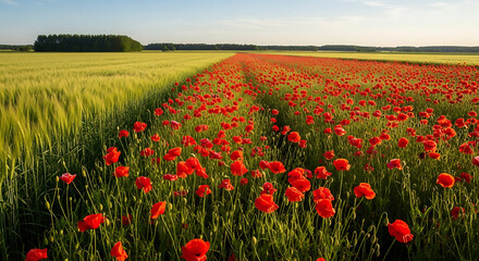 Field of red poppies and wheat under a clear blue sky