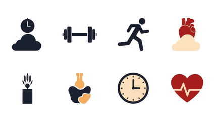 Health and fitness icon set. Minimalist flat design symbols for wellness. Vector graphics for exercise, time, and heart health concepts