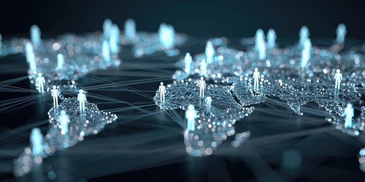 Global network of glowing connections and human figures on a map - Powered by Adobe