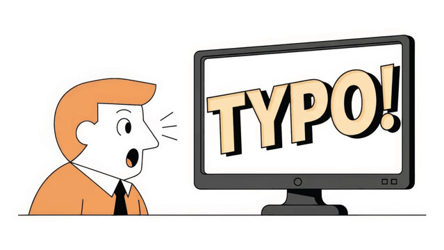 Man shocked by a typo on a computer screen. Writing, editing, and proofreading error concept. Minimalist cartoon vector illustration