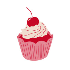 Pink cupcake with whipped cream and cherries. Vector icon