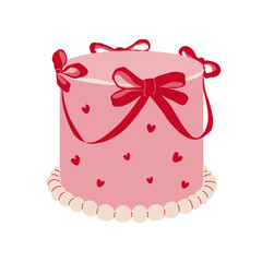 Festive cake with ribbons, bows, and hearts. Girly cake, feminine illustration. Party, birthday, wedding design