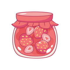 Kawaii strawberry jam jar. Glass jar with strawberry. Vector illustration in Japanese or Korean style, icon on transparent background.