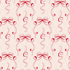 Pattern with red bows and ribbons in retro aesthetic. Seamless ornament with diamonds and doodles. Vector pattern