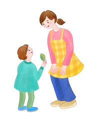 子供の話を中腰で聴くエプロンをした女性