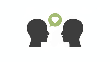 Empathy and communication concept icon. Flat vector illustration with two head silhouettes and a heart in a speech bubble. Mental health, therapy, and support graphic