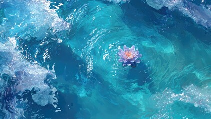 A single purple and pink lotus flower floats serenely on turquoise water