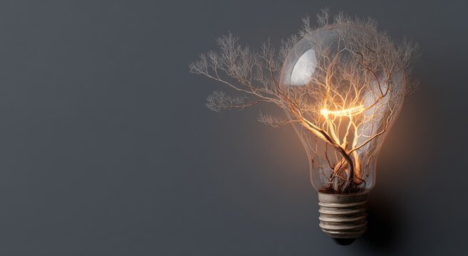 Illuminated tree branches grow within a clear light bulb on a dark background