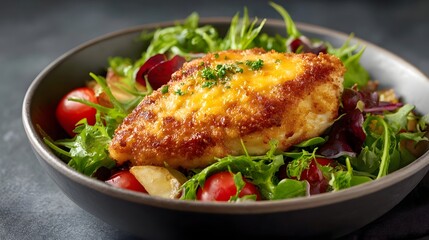 Golden crispy chicken fillet with melted cheese served on a fresh salad bowl