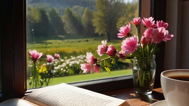 A cup of coffee and an open book by a window with pink flowers. Cozy morning scene looking out at a spring landscape. Relaxation and reading concept