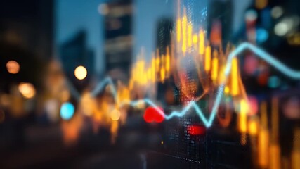 Abstract glowing financial chart overlaid on a blurry cityscape at dusk - Powered by Adobe