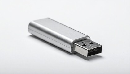 Sleek Silver USB Drive on White Background for Data Storage.