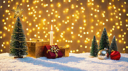 Glowing Christmas holiday scene with golden bokeh lights, evergreen trees, festive presents, and a warm candle on snow, creating a magical seasonal celebration