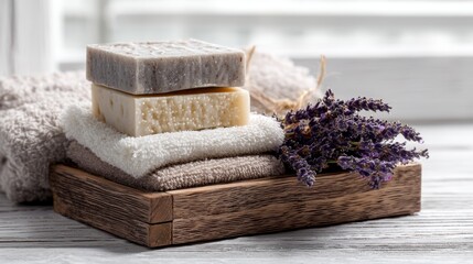 A wooden tray holds two bars of soap in various colors, accompanied by lavender sprigs and neatly folded towels in soft hues.