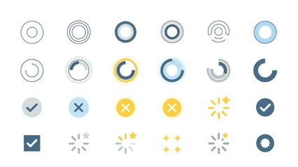 Collection of blue and yellow circular loading icons and checkmarks displayed © ShapeCraft