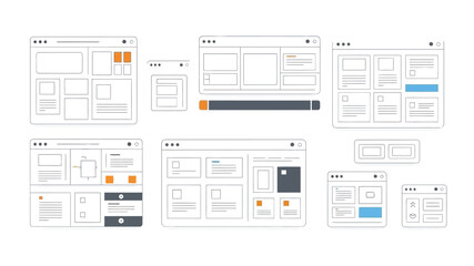 Collection of minimalist website and mobile interface wireframe designs on white background